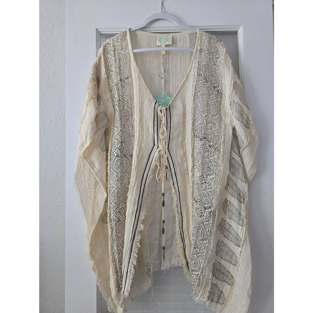 Women's Z & L Europe Swim Cover Kaftan Up Modern Boho Ivory Off White Black Feat